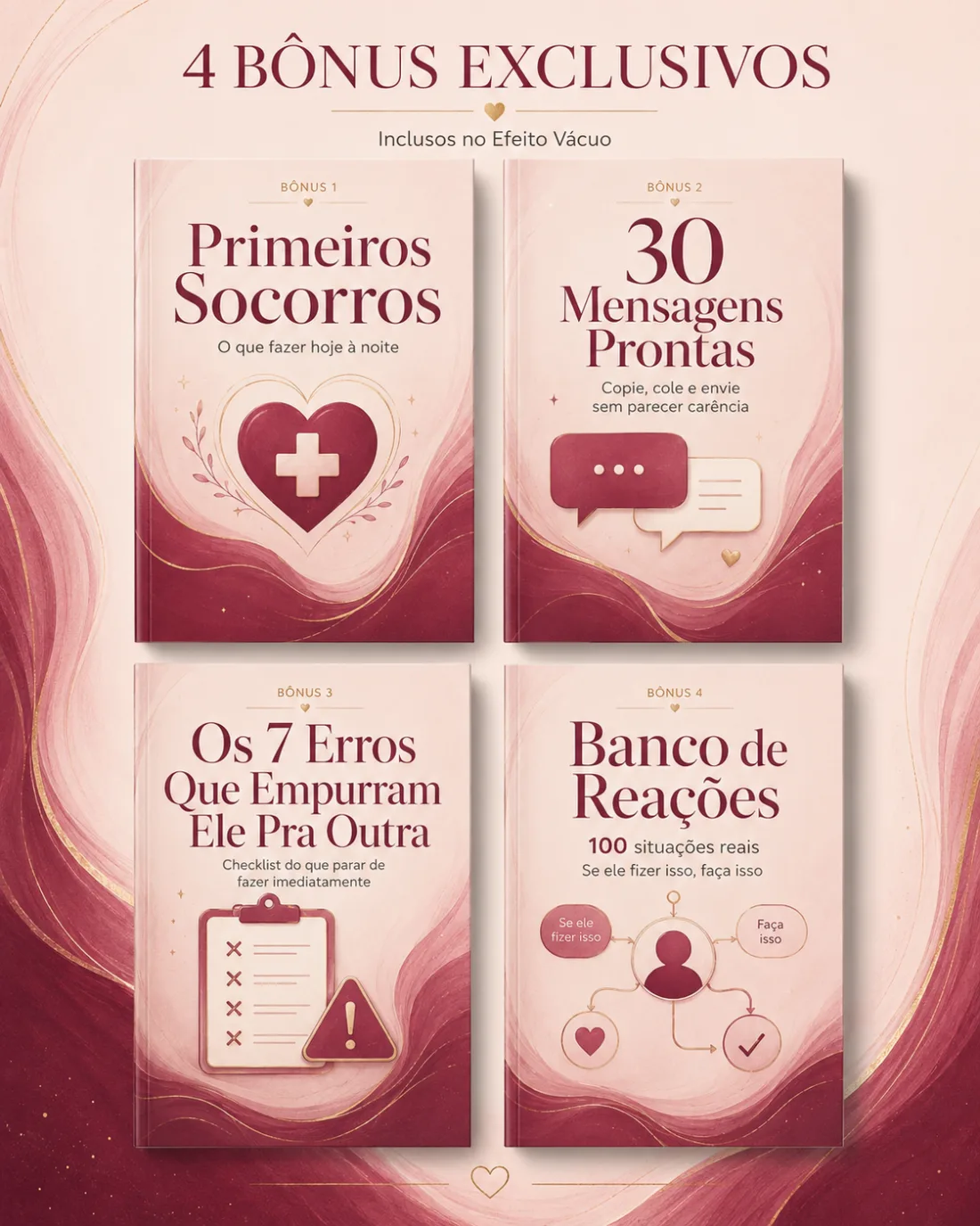Os 4 bônus exclusivos inclusos no Efeito Vácuo: Primeiros Socorros, 30 Mensagens Prontas, Os 7 Erros e Banco de Reações